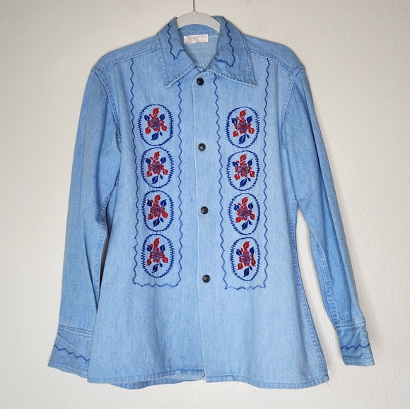 Vintage DORDADOS AZTECA Embroidered Denim Button Down Top 38 - Picture 2 of 6